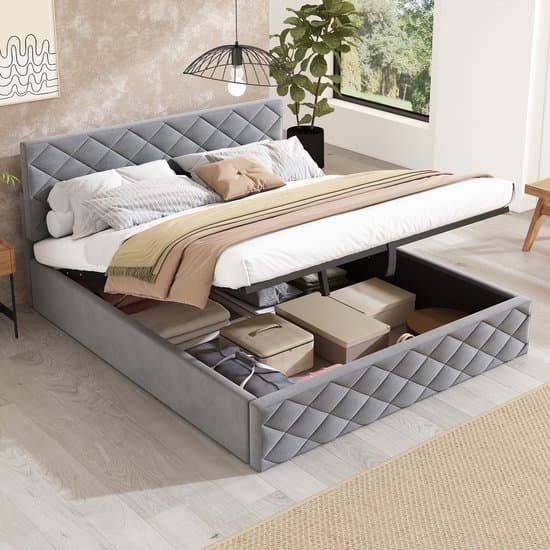 Bed 140x200 cm - Hydraulisch - Grijs fluweel - Lattenbodem - Opbergruimte onder het bed - Elegant design - 300 kg maximaal draagvermogen