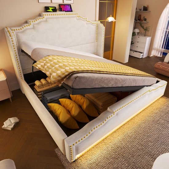 Tweepersoonsbed - 140x200 cm - Gestoffeerd Bed met Led en USB - Hydraulische Berging - Fluweel - Beige