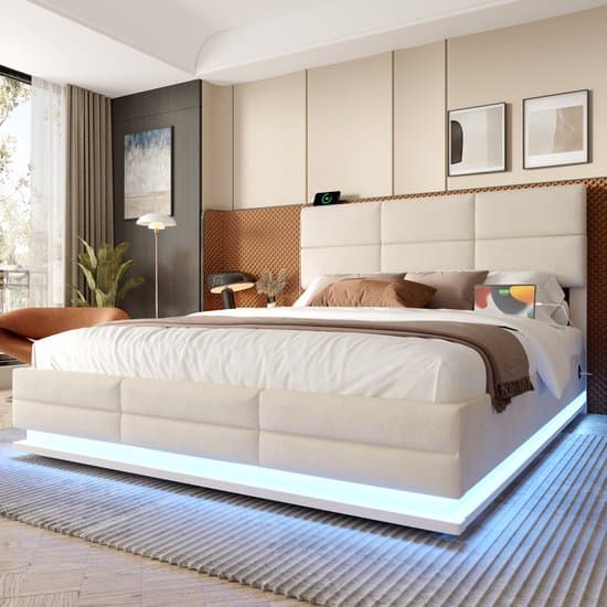 OKWISH Gestoffeerd Bed 160x200 cm - Met USB+Type C en Dimbare LED - Hydraulisch Lift Systeem en XXL Opbergruimte - Fluweel - Zonder Matras - Beige