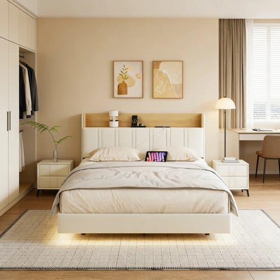 Tweepersoonsbed 160x200 cm - Zwevend Bed met USB-Aansluiting en LED-Verlichting, Opberghoofdeinde en Lattenbodem, Draagvermogen 350 kg, Wit PU-Leer