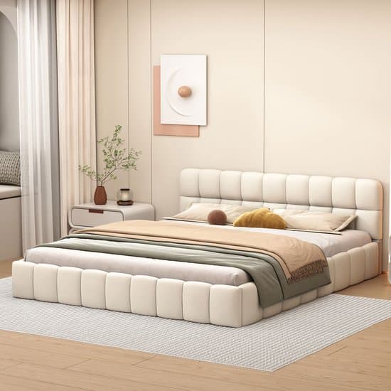 Gestoffeerd Bed 140x190 cm – Beige Linnen met Franjes – Hoofdeinde & Lattenbodem – Modern Design