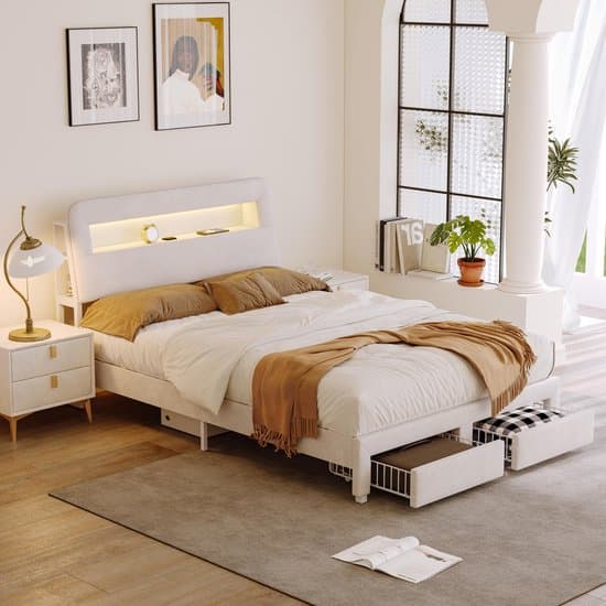 Bed 160x200 Beige Velvet – met LED, USB & 2 Lades