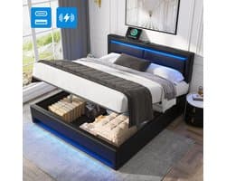 Gestoffeerd bed - 140x200 cm - LED en USB met Draadloos Opladen - Opbergruimte - PU - Zwart