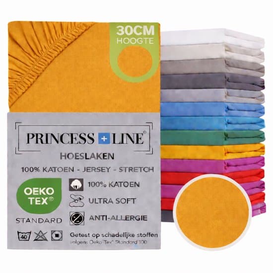 Princess Line- Comfortabel Ultra-Soft-Hoeslaken -100% katoen-Jersey -Stretch -Strijkvrij- Rondom elastiek-Hoekhoogte tot 30cm-Twijfelaar-120x200 cm-Okergeel