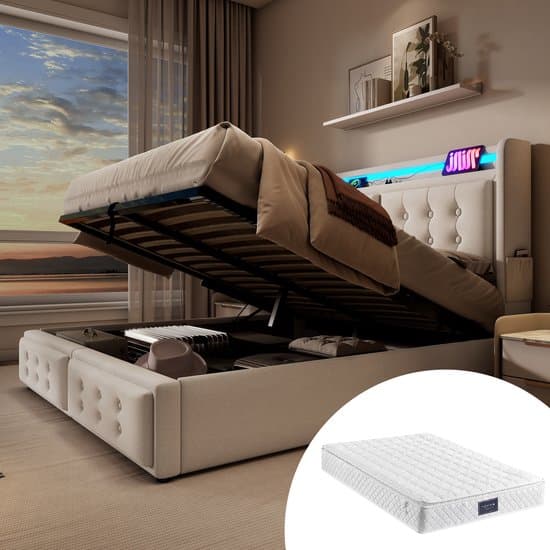 REDOM Gestoffeerd Bed – Met opbergruimte, USB-C & LED – Incl. matras (H3) – Katoenlinnen – Beige – 160x200 cm