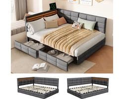 Modern Jeugdbed 140x200cm – Slaapbank met RGB LED en USB, Lattenbodem en 2 Opladelades, Grijs Linnen, Gestoffeerd Bed voor Kinder, Tiener en Volwassenen (Zonder Matras)