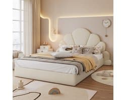 Tweepersoonsbed gestoffeerd bed met gebogen hoofdeinde met gebogen bloemblaadjes - modern bedframe - fluweel - beige - 140x200 cm