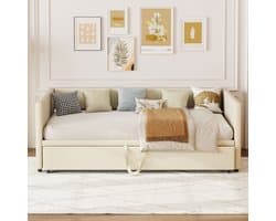 Slaapbank 90/180x200 cm – Uitschuifbaar Dagbed met Lattenbodem, 2-Persoons Logeerbed van Fluweelstof, Beige (Zonder Matras)