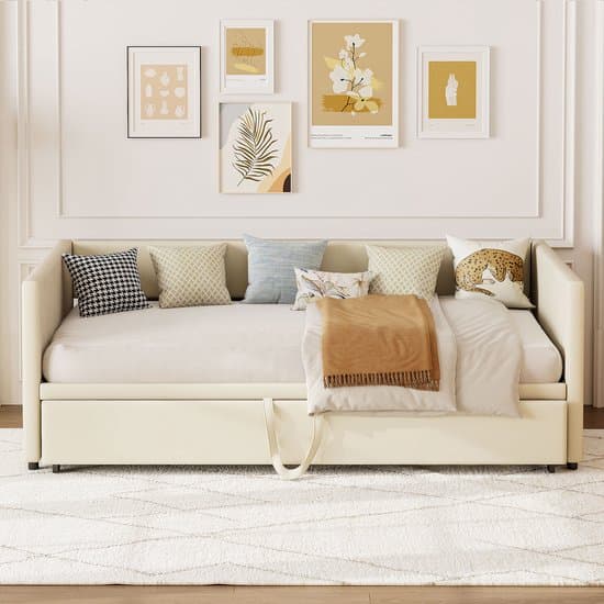 Slaapbank 90/180x200 cm – Uitschuifbaar Dagbed met Lattenbodem, 2-Persoons Logeerbed van Fluweelstof, Beige (Zonder Matras)