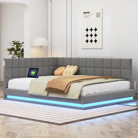 Gestoffeerde slaapbank 140x200, multifunctioneel bed met led-lichtstrip, USB-aansluiting en lattenbodem, huidvriendelijke fluwelen stof, grijs.