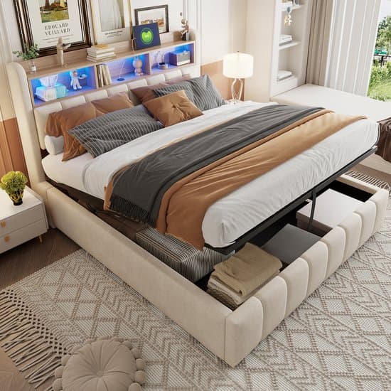 REDOM Ledikant 180x200 cm – Linnen beige – Met LED, USB-C & hydraulische opbergruimte – Luxe