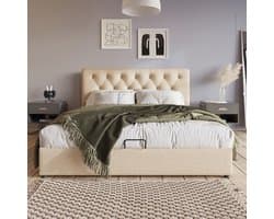 MODFU Hydraulisch Polsterbed 140x200 cm – Natuurlijk linnen, Verstelbaar hoofddeel, Royale opbergruimte, Houten latten, Max. 220 kg