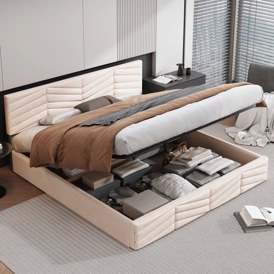 OKWISH Tweepersoonsbedden - 180x200 cm - Polsterbed Met Stauraum Onder Bed - Comfortabel En Ruimtelijk Voor Moderne Slaapkamers - Fluweel - Beige