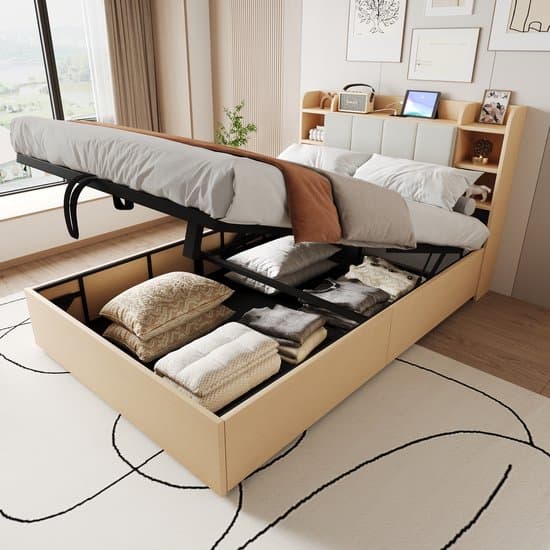 OKWISH Bed 140x200 cm - Hydraulisch Opbergbed Met USB & Type-C - Groot Onderbed Opbergruimte - MDF - Zonder matras - Lichtbruin