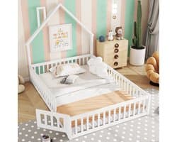 OKWISH Bed 140x200 cm - Schoorsteenbed Met Lattenbodem En Veiligheidshekje - Zonder Opbergruimte - Kinderkamer - Grenen;MDF - Wit - Zonder matras