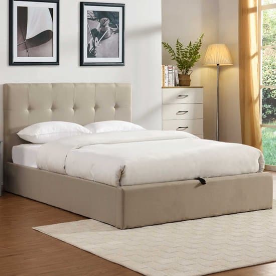 Tweepersoonsbed Corbi met opbergruimte 160x200 - zand - Poldimar - Tweepersoons gestoffeerd bed - Beige - Polyester Tweepersoons Normaal bed