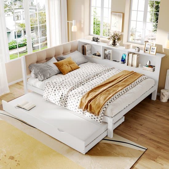 Wishdor – Dagbed 140x200 cm – Met Uitschuifbed & LED – Inclusief USB & Opbergrek – Smart & Stijlvol – Grenenhout – Wit