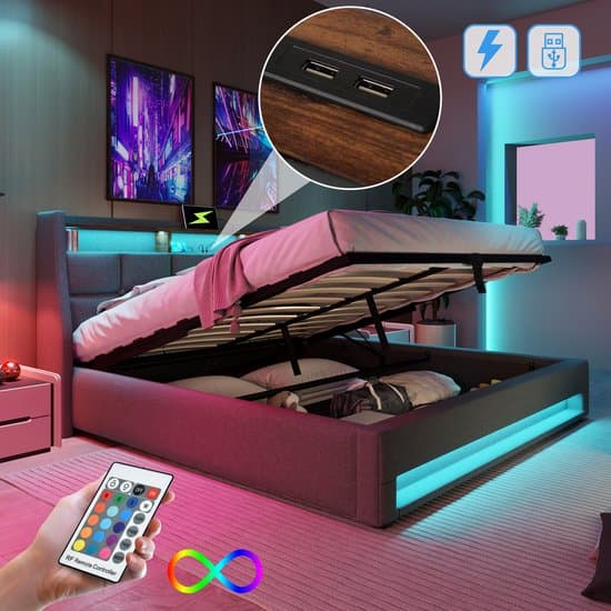 linnen gestoffeerd bed-Opbergruimte-160x200-Grijs-Gestoft bed met USB-LED (Zonder matras)