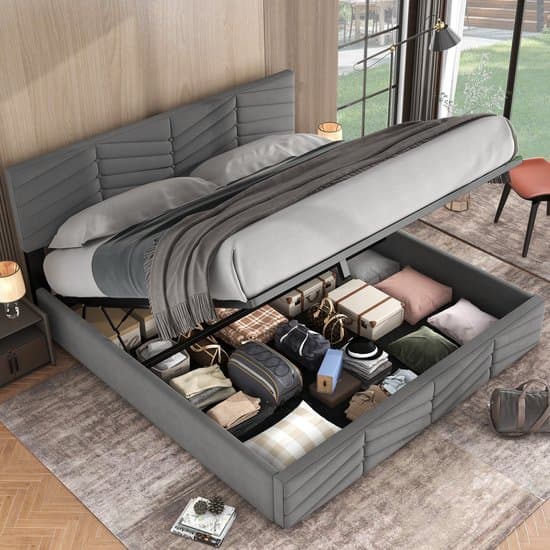 Gestoffeerd bed - 160 x 200 cm - Tweepersoonsbed - opbergbed met veel opbergruimte - Verstelbaar hoofdeinde - Zonder matras - Grijs