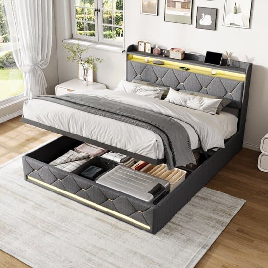 Opbergbed 140x200 cm met LED-verlichting, Draadloos Opladen en USB/Type-C, Gestoffeerd Tweepersoonsbed met Opberg Hoofdeinde en Lattenbodem, Modern LED Bed, Grijs Linnen