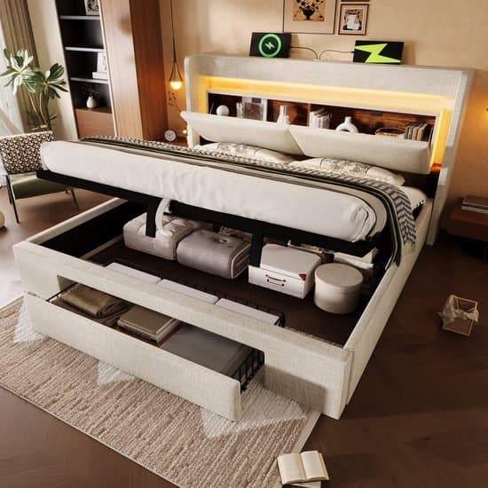 Tweepersoonsbed - 180x200 cm - LED en USB C - Hydraulische Opbergruimte - Linnen - Beige