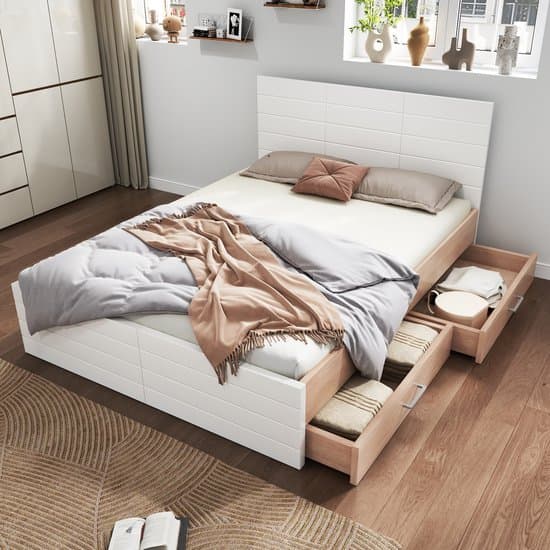 Wishdor – Tweepersoonsbed 180x200 cm – Met 2 Schuifladen & Lattenbodem – Textuurdesign – Strak & Ruim – Massief Hout & MDF – Wit en Licht Eiken