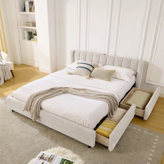 Sweiko Gestoffeerd bed - 160x200 cm - USB-oplaadpoorten - 4 lades - Chenille stof - Beige