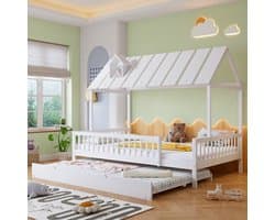 MODFU Bedframe 120x200 cm van hout (MDF en grenen), wit, met rollbed en dakframe