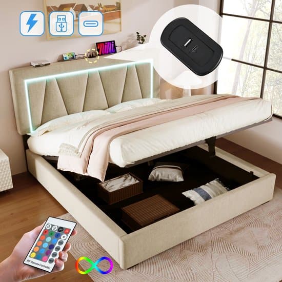 Sweiko Gestoffeerd bed LED tweepersoonsbed, met USB type C oplaadfunctie en LED verlichting, Opslagbedden Bed frame gemaakt van linnen materiaal Jeugdbed 160x200 met lattenrost (Zonder matras)