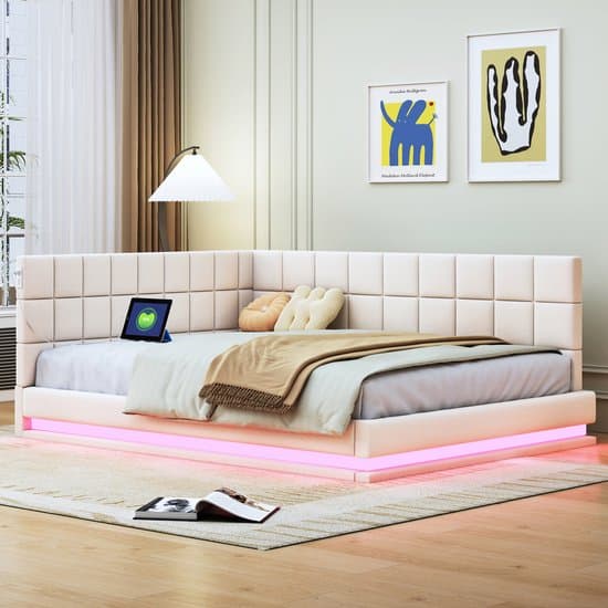 Wishdor – Gestoffeerde Slaapbank 140x200 cm – Met LED & USB – Inclusief Lattenbodem – Stijlvol & Multifunctioneel – Linnen – Beige