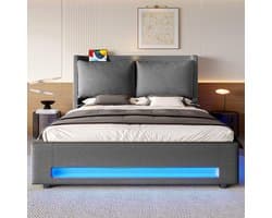 BLACKCOLORS Modern fluwelen hemelbed met elegant hoofdeinde, praktische opbergruimte, USB-C-poorten, LED-sfeerverlichting, afneembare kussens en geïntegreerde stofbescherming. Elegant en functioneel. 140*200 cm