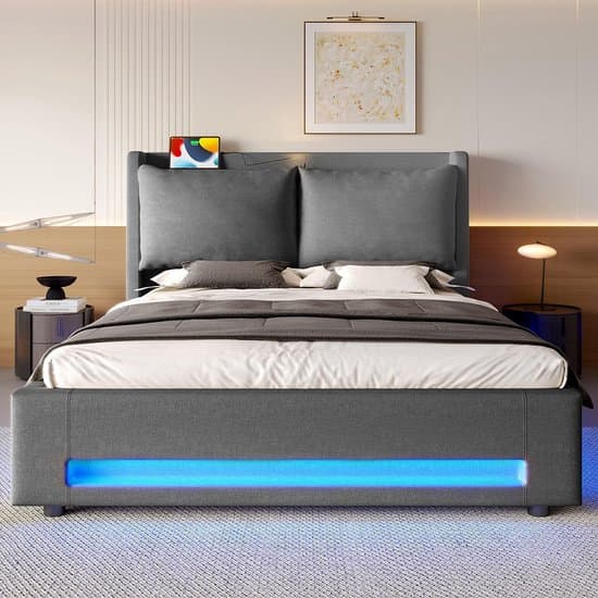 BLACKCOLORS Modern fluwelen hemelbed met elegant hoofdeinde, praktische opbergruimte, USB-C-poorten, LED-sfeerverlichting, afneembare kussens en geïntegreerde stofbescherming. Elegant en functioneel. 140*200 cm