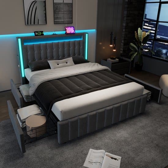 Wishdor Gestoffeerd Bed 140x200 cm – USB/Type-C & LED – 4 Lades – Grijs Linnen – High-Tech & Ruim