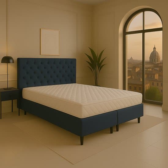 Boxspring vlak Roma 180x200 cm Luxe Pocketvering Stof donkerblauw Gratis 2x Hoofdkussens