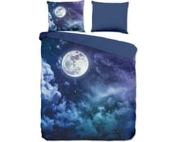 Dekbedovertrek 200x220 cm - Maan en Sterrenhemel Print - Blauw/Paars - 2 Persoons - 100% Zacht Microfiber