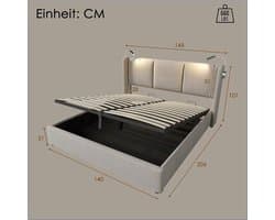 Gestoffeerd bed 140x200 cm met opbergruimte en lattenbodem – Tweepersoons opbergbed met hydraulische lift, linnen-look PU leer, modern design 206x145x107 cm beige – Laura