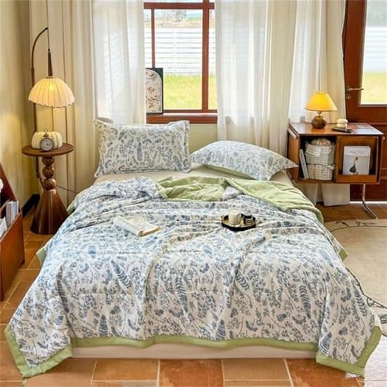 Dekbed zonder overtrek - Zomerdekbed 3.5 TOG - Omkeerbaar design - Lichtgewicht - Wasbaar - 220 x 240 cm - Blauwe planten print