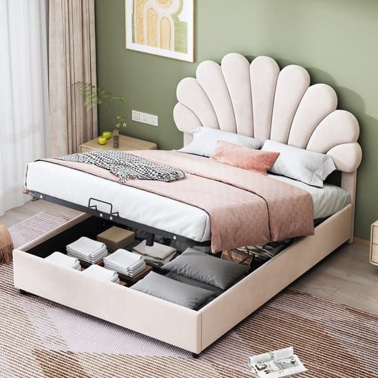 Wishdor Tweepersoonsbed met Hydraulische Opbergruimte – Beige Fluweel – 140x200 cm