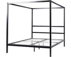 Modern Hemelbed Zwart Metaal 140x200 cm met Houten Lattenbodem