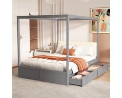 Hemelbed - 140 x 200 cm - Met Grote Lades en Zachte Rugleuning - Inclusief Lattenbodem - Hout - Grijs