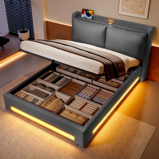 REDOM opbergbed 140x200 cm – Linnen, hydraulisch, LED, USB-C – Donkergrijs