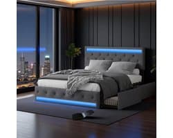 Modern Tweepersoonsbed 140x200cm, Grijs Linnen, 4 Lades, USB/Type-C, Lattenbodem en LED Verlichting