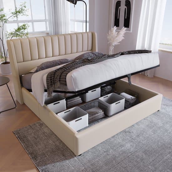 OKWISH Tweepersoonsbedden 180x200 cm - Opbergbed Met Hydraulische Lift En Lattenbodem - Gestoffeerd Bed Voor Extra Slaapkameropslag - Linnen - Beige