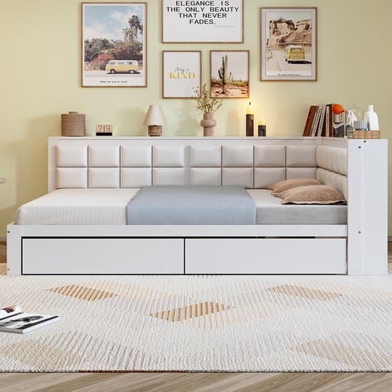 BLACKCOLORS - Houten slaapbank 140x200 cm - Van grenenhout - Met zachte rugleuning - Grote opbergla - Eénpersoons - Wit