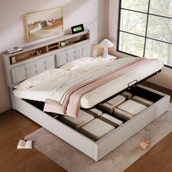 HAUSS SPOLE Gestoffeerd Bed - 140x200 cm - Tweepersoonsbedden met USB-C Oplaadfunctie en Lade-Kopteil - Opbergbed met Bedbodem - Massief Hout - Beige