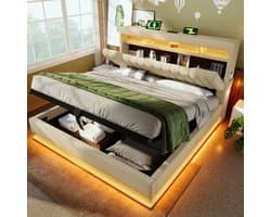 Tweepersoonsbed - 160x200 cm - LED Hoofd en Voeteinde - USB C en Opbergruimte - Linnen - Beige