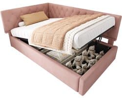 Wishdor - Dagbed - L-Vormig Ontwerp - Met Opbergruimte - Fluweel - Roze - 90 x 200 cm