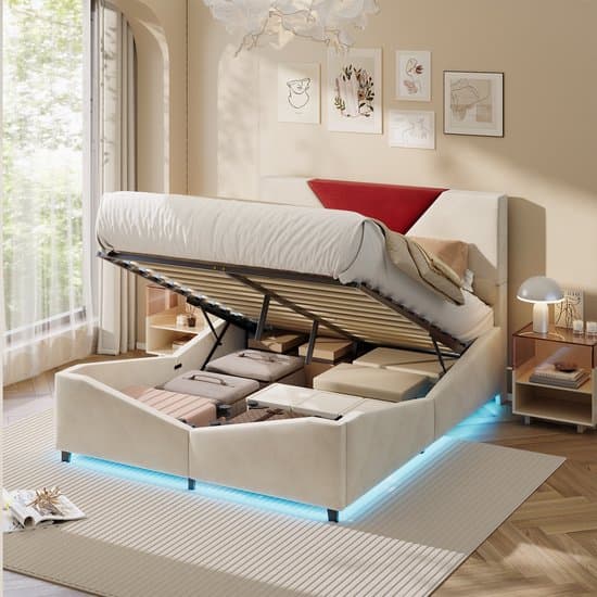 Design Fluwelen Opbergbed 140x200 Beige met Rood Design Paneel en LED – Modern Hydraulisch Tweepersoonsbed