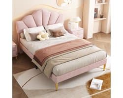 YEHTOKHOME Fluwelen gestoffeerd tweepersoonsbed 140x200 cm, schelpachtig bed met gouden metaal poten, in hoogte verstelbaar hoofdeinde, houten lattenbodem, roze