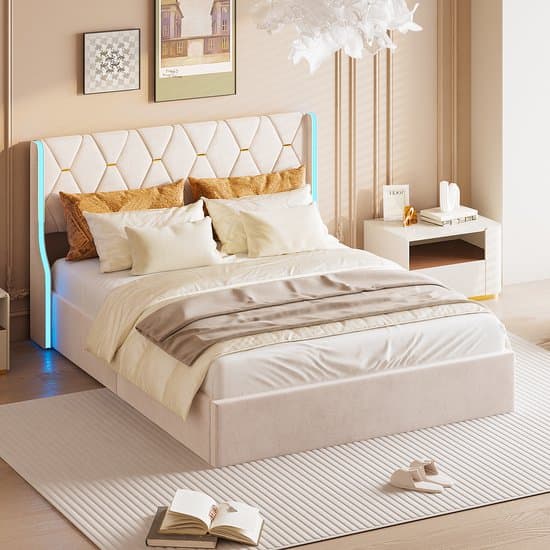 Bed 160x200 cm, Hydraulisch tweepersoonsbed Opslagbed met hoofdeinde en lattenbodem, jeugdbed Bed met rugleuning, zonder matras, fluweelbeige